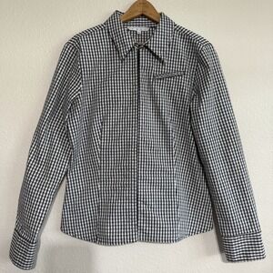 Cabi Jacket Womens Large Black White‎ Plaid Stretch Collared Hidden Snap Classic